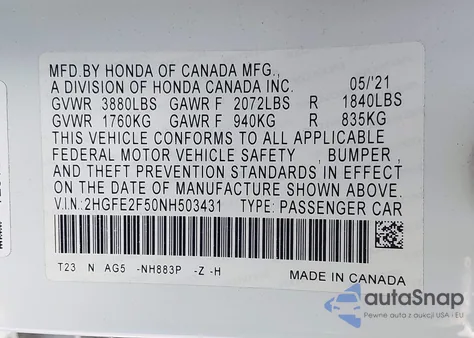 2022 Honda Civic Sport from USA, damaged, VIN 2HGFE2F50NH503431